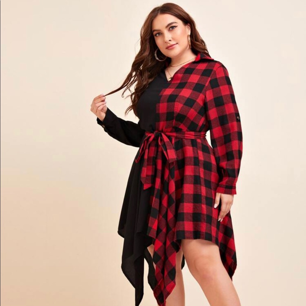 Plus Buffalo Plaid Panel Hanky Hem Belted Dress